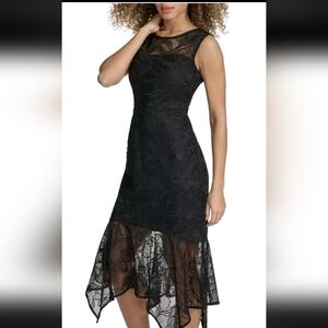 NWT Kensie Dresses Women's Black Floral Embroidery Handkerchief Hem Dress Size 4